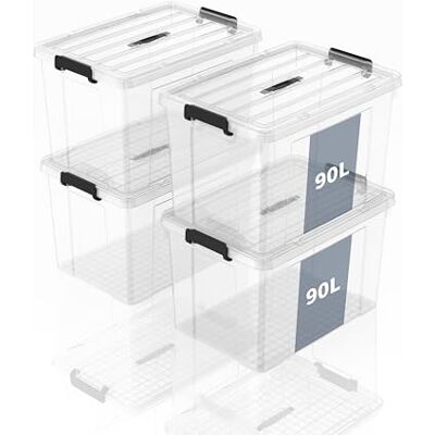 SpaceXpert förvaringslådor, förvaringsboxar, bärbara plastlådor med handtag, stapelbara organisatörbehållare för sovrum, skräp, skola, transparent, 90 l (set med 4 st) SpaceXpert förvaringslådor, förvaringsboxar, bärbara plastlådor med handtag, stapelbara organisatörbehållare för sovrum, skräp, skola, transparent, 90 l (set med 4 st)