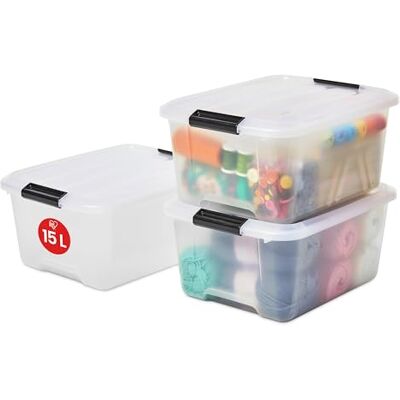 Iris Ohyama , PlastFörvaringsLådor med lock och stängningsklämmor, 15L, Set med 3, Integrerade handtag, Stapelbar, BPA-fri, Sovrum, Kontor, Vardagsrum, TB-15, Klar Iris Ohyama , PlastFörvaringsLådor med lock och stängningsklämmor, 15L, Set med 3, Integrerade handtag, Stapelbar, BPA-fri, Sovrum, Kontor, Vardagsrum, TB-15, Klar