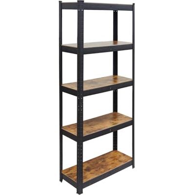 Relaxdays Kraftig lasthylla, 500 kg, HBT: 180 x 60 x 30 cm, 5 nivåer, träutseende, förvaringshylla, stål och MDF, svart/brun Relaxdays Kraftig lasthylla, 500 kg, HBT: 180 x 60 x 30 cm, 5 nivåer, träutseende, förvaringshylla, stål och MDF, svart/brun