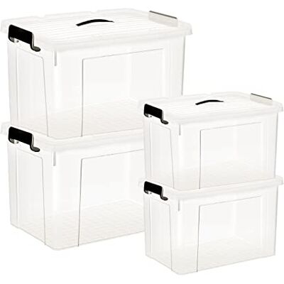 HOHAOO Förvaringslåda i plast med lock, 25 L x 2 + 40 L x 2 stora förvaringslådor, genomskinliga stapelbara förvaringsfack med spärrspännen för hem och kontor HOHAOO Förvaringslåda i plast med lock, 25 L x 2 + 40 L x 2 stora förvaringslådor, genomskinliga stapelbara förvaringsfack med spärrspännen för hem och kontor