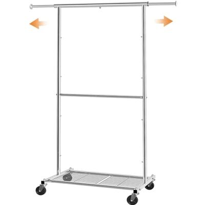 Simple Trending Enkel trendig standard klädklädställ, rullande klädförvaring med hjul och bottenhyllor, utdragbar, krom Simple Trending Enkel trendig standard klädklädställ, rullande klädförvaring med hjul och bottenhyllor, utdragbar, krom