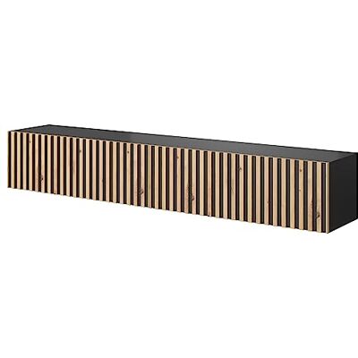 Selsey Telire TV-lowboard, svart med Wotan-ek, lamellfronter, 175 cm Selsey Telire TV-lowboard, svart med Wotan-ek, lamellfronter, 175 cm