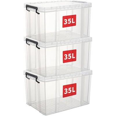 Cetomo 35 L x 3 förvaringslådor, stapelbar förvaringslåda med lock, kraftig behållare med lock med förstärkta hörn, vertikala sidor och klämstängning, hållbar, plast, klar, 35 L-3-pack Cetomo 35 L x 3 förvaringslådor, stapelbar förvaringslåda med lock, kraftig behållare med lock med förstärkta hörn, vertikala sidor och klämstängning, hållbar, plast, klar, 35 L-3-pack
