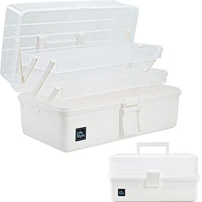 Creahaus 33 cm (13 tum) multifunktionell förvaringsbox, hantverksförvaringslåda med fack, plastverktygslåda, medicinförvaringsbox, hårtillbehör, organisatör, sybox med 2 brickor (vit) Creahaus 33 cm (13 tum) multifunktionell förvaringsbox, hantverksförvaringslåda med fack, plastverktygslåda, medicinförvaringsbox, hårtillbehör, organisatör, sybox med 2 brickor (vit)