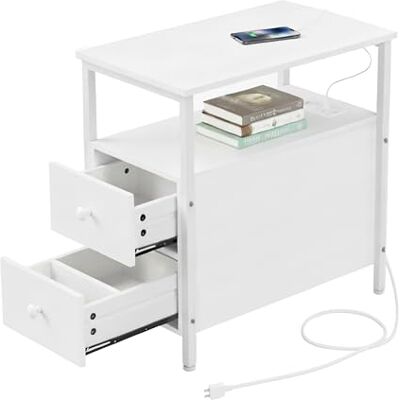 Relaxdays sidobord med uttag, USB-portar, 2 lådor, HxBxD: 61 x 35 x 60 cm, modernt nattduksbord, vit, fiberskiva, järn Relaxdays sidobord med uttag, USB-portar, 2 lådor, HxBxD: 61 x 35 x 60 cm, modernt nattduksbord, vit, fiberskiva, järn