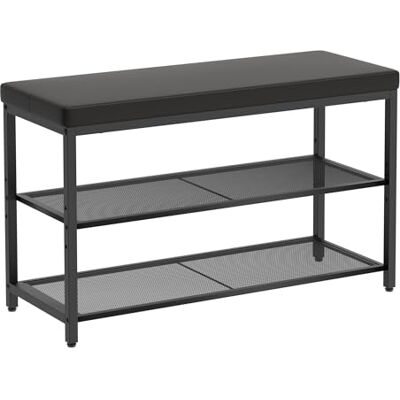 Mondeer Skobänk med vadderad sittplats, 3-nivåers skohylla justerbar hylla fuskläder industriell stil för entré hall sovrum, 80 x 30 x 50 cm, svart Mondeer Skobänk med vadderad sittplats, 3-nivåers skohylla justerbar hylla fuskläder industriell stil för entré hall sovrum, 80 x 30 x 50 cm, svart