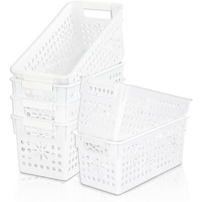 Cetomo Förvaringslåda i plast, förvaringskorgar med handtag, hyllkorgorganiserare med hål, öppen övre förvaringsfack för hem, kök, kontor, vit, 6-pack (29 x 13,5 x 12,5 cm) Cetomo Förvaringslåda i plast, förvaringskorgar med handtag, hyllkorgorganiserare med hål, öppen övre förvaringsfack för hem, kök, kontor, vit, 6-pack (29 x 13,5 x 12,5 cm)