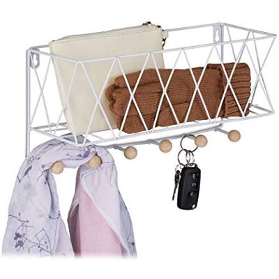 Relaxdays Vägghylla med kroklist, metall och trä, rutnätsdesign, vägggarderob 6 krokar, H x B x D: 17 x 36 x 13 cm, vit Relaxdays Vägghylla med kroklist, metall och trä, rutnätsdesign, vägggarderob 6 krokar, H x B x D: 17 x 36 x 13 cm, vit