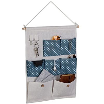 Relaxdays Hängande förvaring, 7 fack, 2 krokar, bomull, H x B): 60 x 39 cm, badrum, hall, kontor, arrangör för hängning, kräm/blå Relaxdays Hängande förvaring, 7 fack, 2 krokar, bomull, H x B): 60 x 39 cm, badrum, hall, kontor, arrangör för hängning, kräm/blå