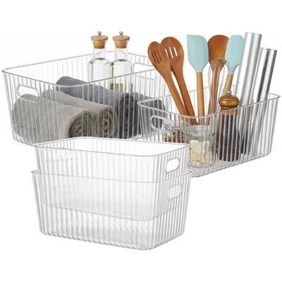 Wintem Set med 4 genomskinliga förvaringslådor med integrerade handtag och stapelbar design för hem, kök och badrum Wintem Set med 4 genomskinliga förvaringslådor med integrerade handtag och stapelbar design för hem, kök och badrum