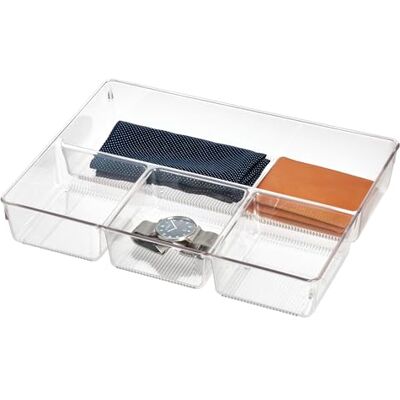 InterDesign iDesign Lådorganiserare med 4 fack, praktisk plastlådavdelare, garderobsorganisatör för tillbehör och smycken, klar, 5,5 x 23 cm InterDesign iDesign Lådorganiserare med 4 fack, praktisk plastlådavdelare, garderobsorganisatör för tillbehör och smycken, klar, 5,5 x 23 cm