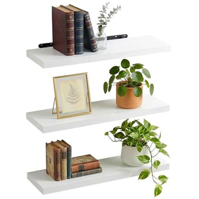 Relaxdays Vägghylla, set om 3, HxBxD: 4 x 100 x 23 cm, träutseende, metall, väggbrädor för vardagsrum, hall, kök, vit Relaxdays Vägghylla, set om 3, HxBxD: 4 x 100 x 23 cm, träutseende, metall, väggbrädor för vardagsrum, hall, kök, vit