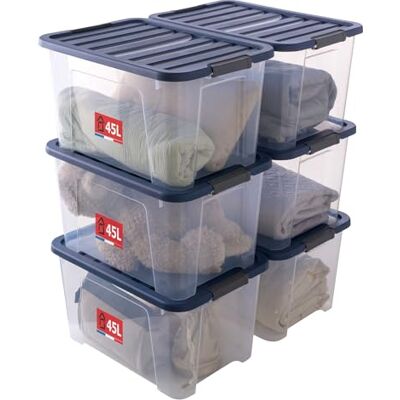 Sundis Set med 6 multifunktionella förvaringslådor med lock och lås (6 x 45 liter) WAVE BOX Sundis Set med 6 multifunktionella förvaringslådor med lock och lås (6 x 45 liter) WAVE BOX