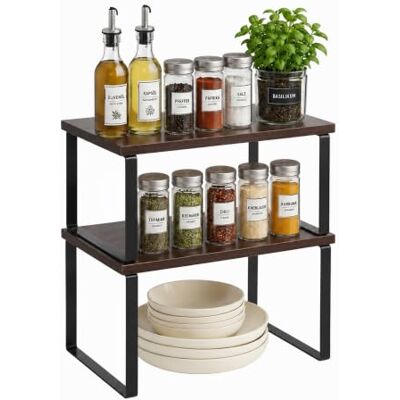 Relaxdays kryddhylla, 2-pack, brun-svart Kökshylla, skåp och bänkskiva, stapelbara kryddhyllor, MDF och järn Relaxdays kryddhylla, 2-pack, brun-svart Kökshylla, skåp och bänkskiva, stapelbara kryddhyllor, MDF och järn
