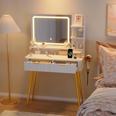 GarveeHome Sminkbord med LED-spegel och uttag, 3 justerbara toner, sminkbord i trä med 2 lådor och 3 öppna hyllor, skandinavisk sminkskåp för sovrum, omklädningsrum (132 x 80 x 35 cm, vit) GarveeHome Sminkbord med LED-spegel och uttag, 3 justerbara toner, sminkbord i trä med 2 lådor och 3 öppna hyllor, skandinavisk sminkskåp för sovrum, omklädningsrum (132 x 80 x 35 cm, vit)