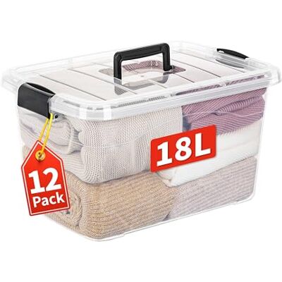 Cetomo Förvaringslådor, förvaringslåda med lock och handtag för organisering i sovsal, stapelbar, häckande tygbehållare, plast, klar, 18L-12-pack Cetomo Förvaringslådor, förvaringslåda med lock och handtag för organisering i sovsal, stapelbar, häckande tygbehållare, plast, klar, 18L-12-pack