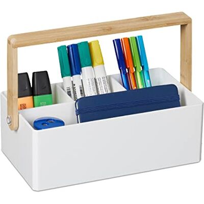 Relaxdays Organizer med handtag, 4 fack, bärbar, förvaring, bambuhandtag, sorteringslåda, H 8,5 x 26 x 16 cm, vit Relaxdays Organizer med handtag, 4 fack, bärbar, förvaring, bambuhandtag, sorteringslåda, H 8,5 x 26 x 16 cm, vit