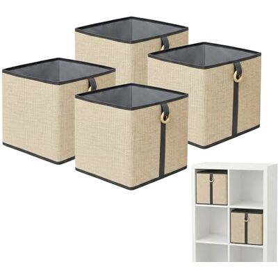 Relaxdays förvaringskorgar, 4-pack, bambu/tyg, natur-svart hyllkorgar med handtag, HBT 30x30x30 cm Relaxdays förvaringskorgar, 4-pack, bambu/tyg, natur-svart hyllkorgar med handtag, HBT 30x30x30 cm