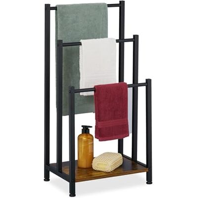 Relaxdays Handduksställ, hylla, 3 stänger, HBT: 80 x 40 x 28 cm, industriell, stående handdukshållare, brun/svart Relaxdays Handduksställ, hylla, 3 stänger, HBT: 80 x 40 x 28 cm, industriell, stående handdukshållare, brun/svart