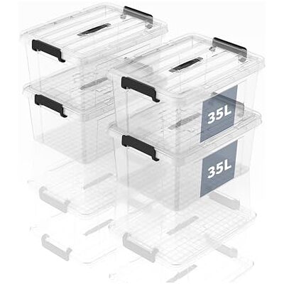 SpaceXpert förvaringslådor, förvaringsboxar, bärbara plastlådor med handtag, stapelbara organisatörbehållare för sovrum, skräp, skola, transparent, 35 l (set med 4 st) SpaceXpert förvaringslådor, förvaringsboxar, bärbara plastlådor med handtag, stapelbara organisatörbehållare för sovrum, skräp, skola, transparent, 35 l (set med 4 st)