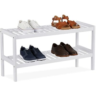 Relaxdays Skohylla, H x B x D: 33 x 70 x 26 cm, bambu, 2 nivåer, för 6 par skor, skoställ med spjälskydd, vit Relaxdays Skohylla, H x B x D: 33 x 70 x 26 cm, bambu, 2 nivåer, för 6 par skor, skoställ med spjälskydd, vit