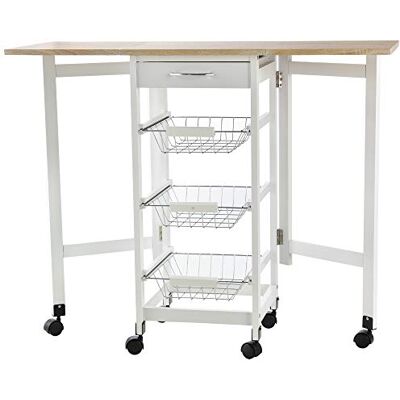 HOMCOM Serveringsvagn för kök med hjul med flera förvaringsplatser 3 metallkorgar + låda + MDF-förlängare vit ljus ek HOMCOM Serveringsvagn för kök med hjul med flera förvaringsplatser 3 metallkorgar + låda + MDF-förlängare vit ljus ek