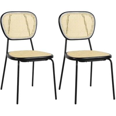 39F FURNITURE DREAM Uppsättning av 2 skandinaviska matsalar naturlig rottingstol och svart metallram, ruttna, natur, 45 x 51 x 84 cm 39F FURNITURE DREAM Uppsättning av 2 skandinaviska matsalar naturlig rottingstol och svart metallram, ruttna, natur, 45 x 51 x 84 cm