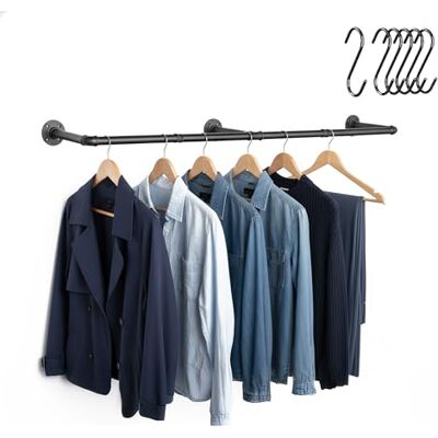 Relaxdays väggmonterad klädskena, industriell stil, 140 cm, 6 S-krokar, svart, sovrum och hall förvaring Relaxdays väggmonterad klädskena, industriell stil, 140 cm, 6 S-krokar, svart, sovrum och hall förvaring
