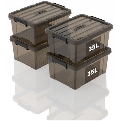 SpaceXpert förvaringslådor, förvaringsboxar, bärbara plastlådor med handtag, stapelbara organisatörbehållare för sovrum, skräp, skola, transparent svart, 35 l (set om 4) SpaceXpert förvaringslådor, förvaringsboxar, bärbara plastlådor med handtag, stapelbara organisatörbehållare för sovrum, skräp, skola, transparent svart, 35 l (set om 4)