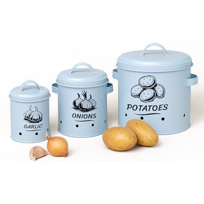 Relaxdays Potatis-förvaringslåda, lökar, vitlök, set om 3, med lock och hål, metall, lökkruka, ljusblå Relaxdays Potatis-förvaringslåda, lökar, vitlök, set om 3, med lock och hål, metall, lökkruka, ljusblå