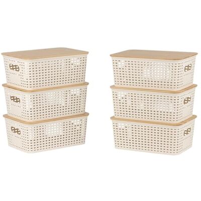 Relaxdays Förvaringslåda, set om 6, med lock, plast och bambu, med handtag, HBT: 10,5 x 25,5 x 18 cm, organisatör, vit Relaxdays Förvaringslåda, set om 6, med lock, plast och bambu, med handtag, HBT: 10,5 x 25,5 x 18 cm, organisatör, vit