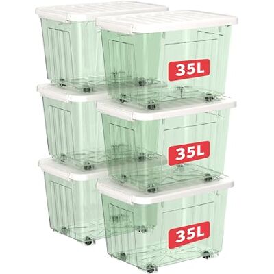 Cetomo 35 L x 6 förvaringslådor med hjul, plastförvaringslåda med lock, spärrspännen, klickstängning, stapelbar, kapsling, hållbar organiserare för hemmakontorskläder, klargrön, 35 L-6-pack Cetomo 35 L x 6 förvaringslådor med hjul, plastförvaringslåda med lock, spärrspännen, klickstängning, stapelbar, kapsling, hållbar organiserare för hemmakontorskläder, klargrön, 35 L-6-pack