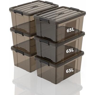 SpaceXpert förvaringslådor, förvaringsboxar, bärbara plastlådor med handtag, stapelbara organisatörbehållare för sovrum, skräp, skola, transparent svart, 65 l (set med 6 st) SpaceXpert förvaringslådor, förvaringsboxar, bärbara plastlådor med handtag, stapelbara organisatörbehållare för sovrum, skräp, skola, transparent svart, 65 l (set med 6 st)