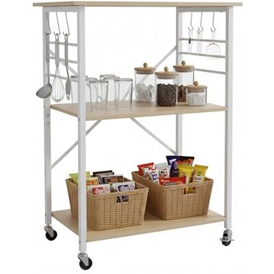 Relaxdays Köksvagn, 3 nivåer, med 6 krokar, metall, rullvagn kök, hushåll och kontor, HBT: 89 x 60 x 40 cm, naturvit Relaxdays Köksvagn, 3 nivåer, med 6 krokar, metall, rullvagn kök, hushåll och kontor, HBT: 89 x 60 x 40 cm, naturvit