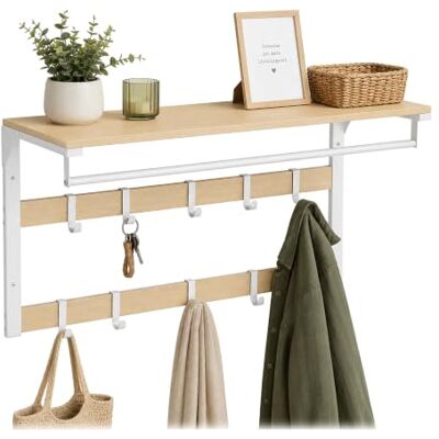 Relaxdays vägghängare 3-i-1, 10 krokar, klädstång, hatthylla, natur/vit 42 x 80 x 30 cm Relaxdays vägghängare 3-i-1, 10 krokar, klädstång, hatthylla, natur/vit 42 x 80 x 30 cm