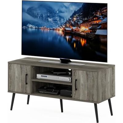 Furinno Claude TV-stativ i medelårhundradet med träben för TV-storlek upp till 50 tum, två skåp, fransk ekgrå Furinno Claude TV-stativ i medelårhundradet med träben för TV-storlek upp till 50 tum, två skåp, fransk ekgrå