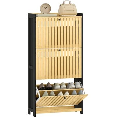 HOMCOM 18 par skoskåp, smalt skoskåp, entréskåp med 3 fällbara lådor, bambudörrar med lameller, för hall och entré, 60 x 24 x 118 cm, svart och naturligt trä HOMCOM 18 par skoskåp, smalt skoskåp, entréskåp med 3 fällbara lådor, bambudörrar med lameller, för hall och entré, 60 x 24 x 118 cm, svart och naturligt trä