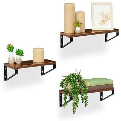 Relaxdays Vägghylla set om 3, industriell design, i olika storlekar, flytande hyllbrädor, MDF & stål, brun/svart, stål Relaxdays Vägghylla set om 3, industriell design, i olika storlekar, flytande hyllbrädor, MDF & stål, brun/svart, stål