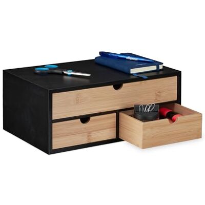 Relaxdays Skrivbordsförvaring, 3 lådor, bambu och MDF, skrivbordsknapp kontor, HBT: 13,5 x 33 x 21 cm, natur/svart Relaxdays Skrivbordsförvaring, 3 lådor, bambu och MDF, skrivbordsknapp kontor, HBT: 13,5 x 33 x 21 cm, natur/svart