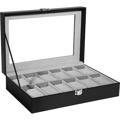 Uten Watch Box 12 fack, klockfodral med glaslock, klockdisplay förvaringslåda för män och kvinnor, avtagbara klockkuddar, metalllås, svart syntetiskt läder, grått sammetsfoder, presentidé Uten Watch Box 12 fack, klockfodral med glaslock, klockdisplay förvaringslåda för män och kvinnor, avtagbara klockkuddar, metalllås, svart syntetiskt läder, grått sammetsfoder, presentidé