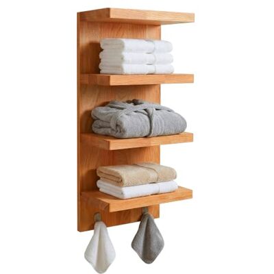 Relaxdays vägghylla badrum, HxBxD: 60 x 28 x 16 cm, valnöt, natur 4 hyllplan och 2 krokar, hängande hylla för badrum och kök Relaxdays vägghylla badrum, HxBxD: 60 x 28 x 16 cm, valnöt, natur 4 hyllplan och 2 krokar, hängande hylla för badrum och kök