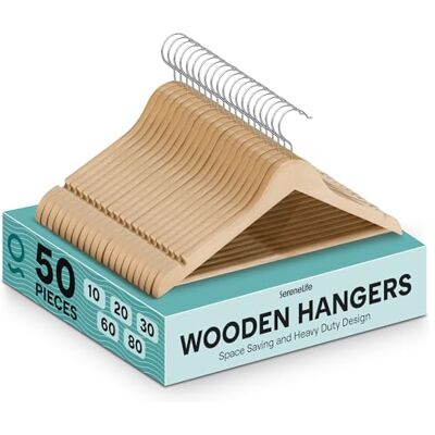 SereneLife Solid Wooden Hangers, Mega Pack, 50 pieces Hangers for Clothes, Heavy Duty Suit Hanger Set with Chrome 360 Degree Swivel Hook, Notched Design, Natural Wood Color SereneLife Solid Wooden Hangers, Mega Pack, 50 pieces Hangers for Clothes, Heavy Duty Suit Hanger Set with Chrome 360 Degree Swivel Hook, Notched Design, Natural Wood Color