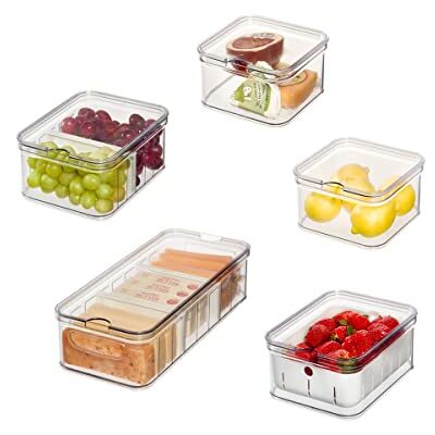 InterDesign iDesign Förvaringsboxar, kylskåpsförvaring med lock i en uppsättning om 5, matförvaringsburkar av återvunnen plast för lagerorganisation, transparenta och vita InterDesign iDesign Förvaringsboxar, kylskåpsförvaring med lock i en uppsättning om 5, matförvaringsburkar av återvunnen plast för lagerorganisation, transparenta och vita