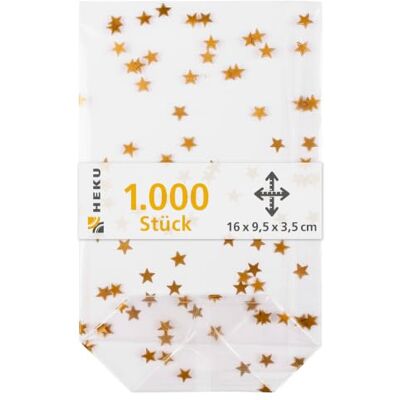 Heku 22-30541-1: 1000 bottenpåse med gyllene stjärnor, stabil korsbotten, storlek 160 x 95 x 35 mm, transparent Heku 22-30541-1: 1000 bottenpåse med gyllene stjärnor, stabil korsbotten, storlek 160 x 95 x 35 mm, transparent