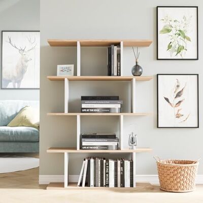 Hanah Home Hanah Hem snygg ek och vit bokhylla, 90 cm x 25 cm x 127,4 cm 100% melaminbelagd partikelbräda, 18 mm tjock väggmontering, flera hyllor för moderna utrymmen Hanah Home Hanah Hem snygg ek och vit bokhylla, 90 cm x 25 cm x 127,4 cm 100% melaminbelagd partikelbräda, 18 mm tjock väggmontering, flera hyllor för moderna utrymmen