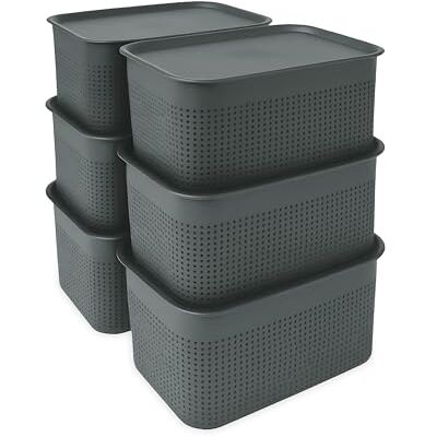 Relaxdays Förvaringslåda med 6 st, med lock, organisatörslåda 5 L, HBT: 13 x 26,5 x 19 cm, stapelbox plast, grå Relaxdays Förvaringslåda med 6 st, med lock, organisatörslåda 5 L, HBT: 13 x 26,5 x 19 cm, stapelbox plast, grå