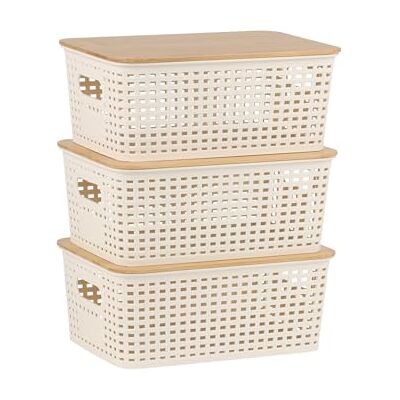 Relaxdays förvaringslåda, set om 3, med lock, plast och bambu, med handtag, HBT: 10,5 x 25,5 x 18 cm, organisatör, vit Relaxdays förvaringslåda, set om 3, med lock, plast och bambu, med handtag, HBT: 10,5 x 25,5 x 18 cm, organisatör, vit