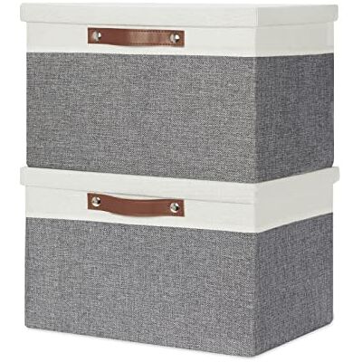 Temary hopfällbara förvaringskorgar med lock, 2-pack förvaringskorgar med lock dekorativa förvaringskläder, leksaker, organiseringskorgar med handtag (vit och grå, 38 x 28 x 24 cm) Temary hopfällbara förvaringskorgar med lock, 2-pack förvaringskorgar med lock dekorativa förvaringskläder, leksaker, organiseringskorgar med handtag (vit och grå, 38 x 28 x 24 cm)