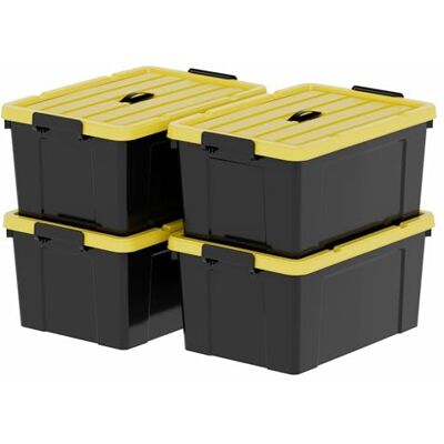 Cetomo Förvaringslåda i plast med lock, handtag och spärrspännen för verktyg utomhus trädgård garage hem, hållbar, kraftig, stapelbar, kapsling, svart och gul, 65 L (4-pack) Cetomo Förvaringslåda i plast med lock, handtag och spärrspännen för verktyg utomhus trädgård garage hem, hållbar, kraftig, stapelbar, kapsling, svart och gul, 65 L (4-pack)