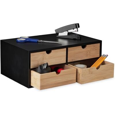 Relaxdays Skrivbordsförvaring, 4 lådor, bambu och MDF, skrivbordsknapp kontor, HBT: 13,5 x 33 x 21 cm, natur/svart Relaxdays Skrivbordsförvaring, 4 lådor, bambu och MDF, skrivbordsknapp kontor, HBT: 13,5 x 33 x 21 cm, natur/svart